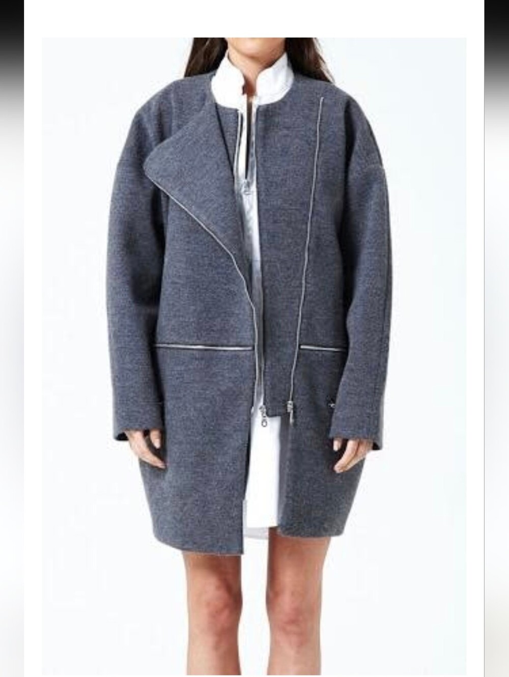 Shakuhachi Box Coat Women’s Gray Asymmetrical Zip Coat Wool Size 12 L